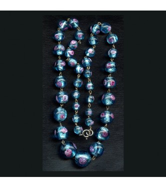 GORGEOUS BLUE FOIL NECKLACE WITH PINK ROSES