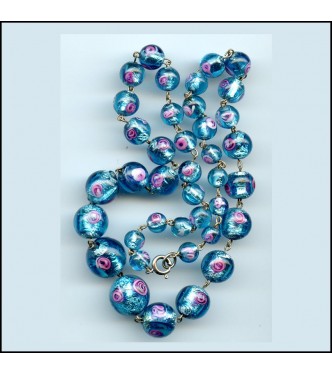 GORGEOUS BLUE FOIL NECKLACE WITH PINK ROSES