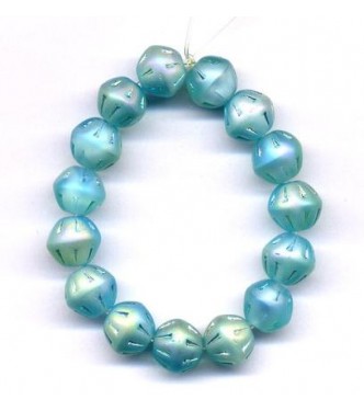 VINTAGE INCISED IRIDESCENT LIGHT AQUA BEADS